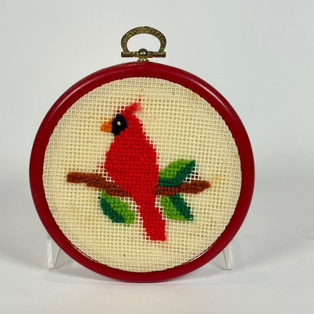 Vintage Cardinal Needlepoint Wall Hanging Red Plastic Hoop Framed Bird Decor